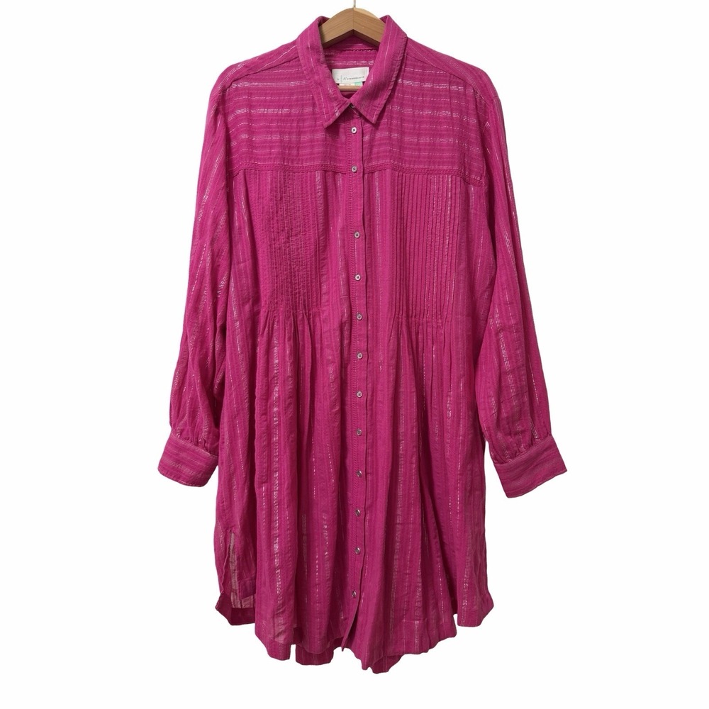 Anthropologie Weekender Metallic Stripe Shirt Button Up Mini Dress Size 1X Pink